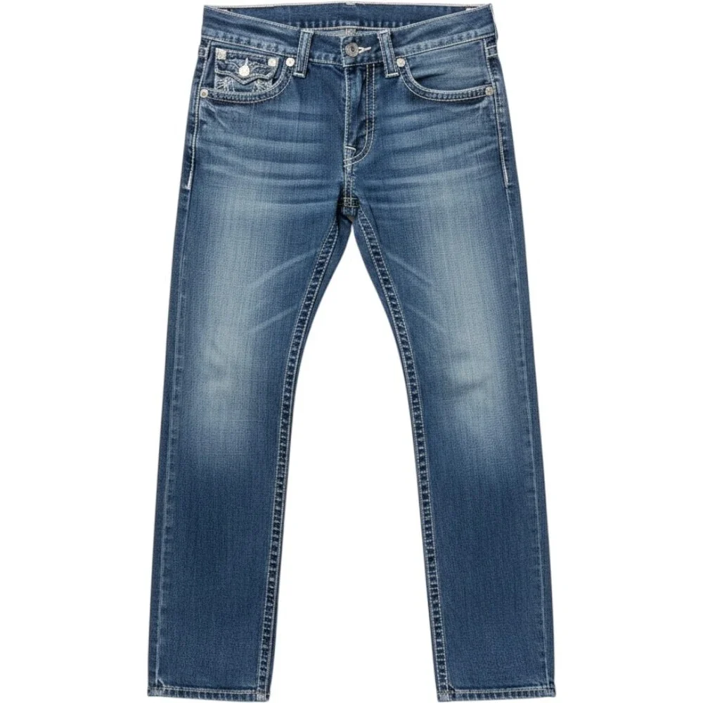 Size 33 True Religion Straight Leg Jeans Blue Thick White Contrast Stitch Flap